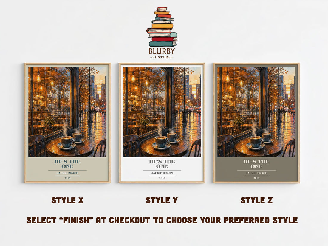 He's the One book cover print in frame leaning in hallway – romance wall art (mockup)