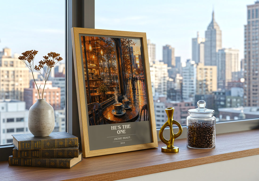 He's the One book cover print framed by window – literary home decor