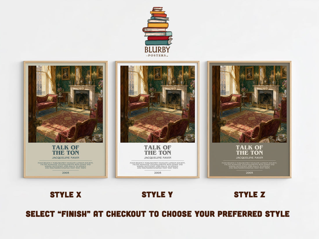 Talk of the Ton bookish print in frame leaning in hallway – romance wall art (mockup)