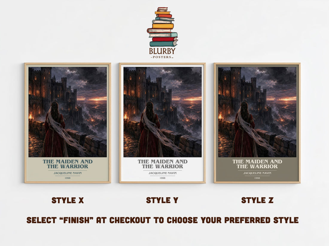 The Maiden and the Warrior book cover print in frame leaning in hallway – romance wall art (mockup)