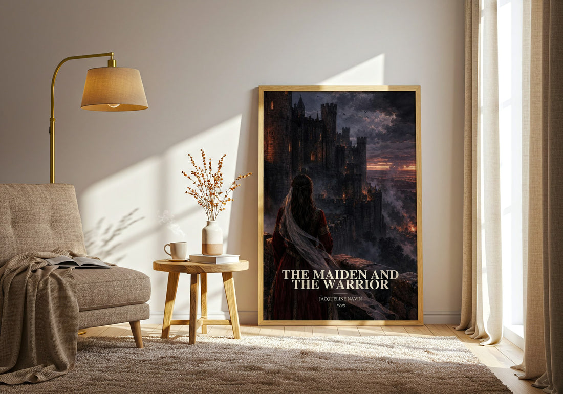 The Maiden and the Warrior watercolour print in frame leaning in hallway – romance wall art