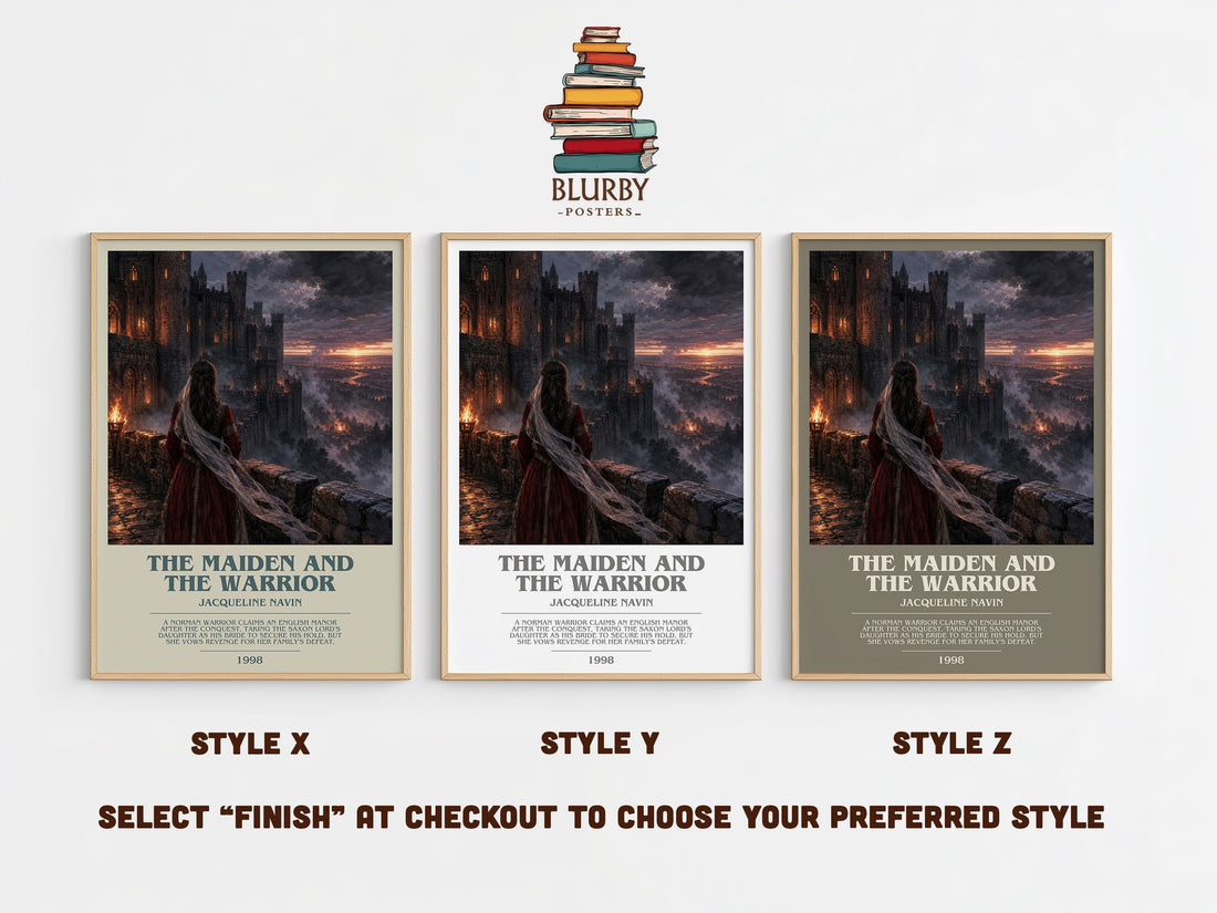 The Maiden and the Warrior bookish print in frame leaning in hallway – romance wall art (mockup)