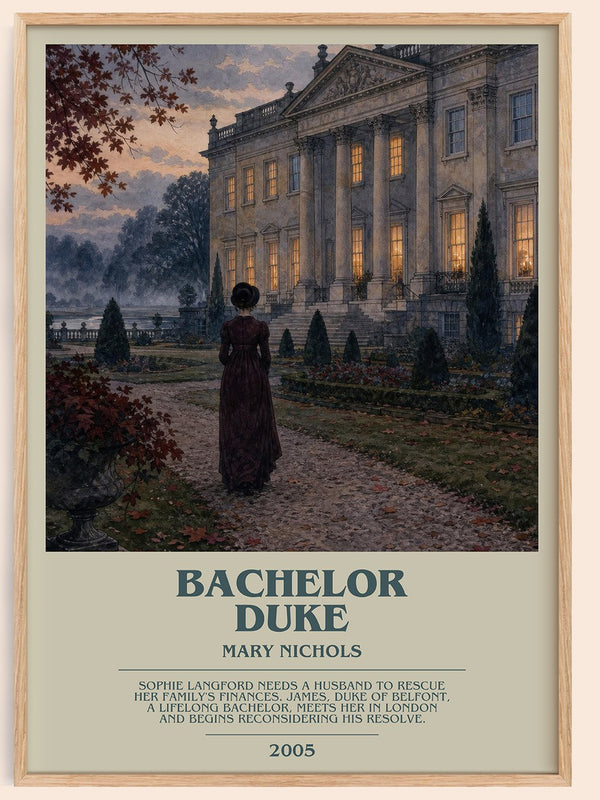 Bachelor Duke bookish book poster by Mary Nichols – framed literary art print