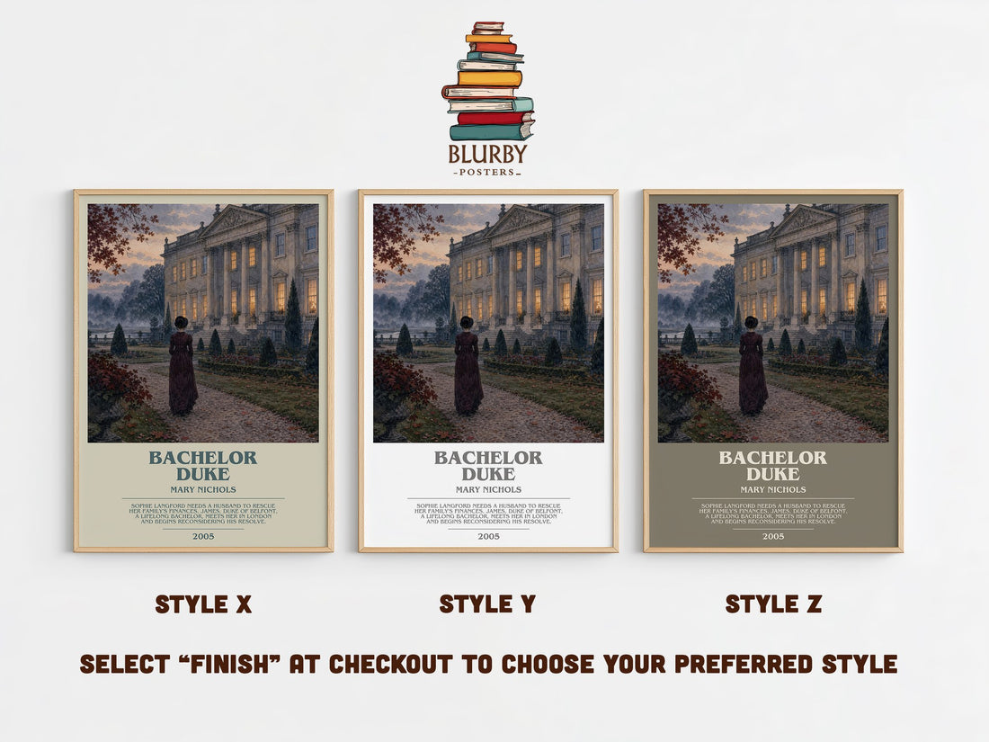 Bachelor Duke bookish print in frame leaning in hallway – romance wall art (mockup)