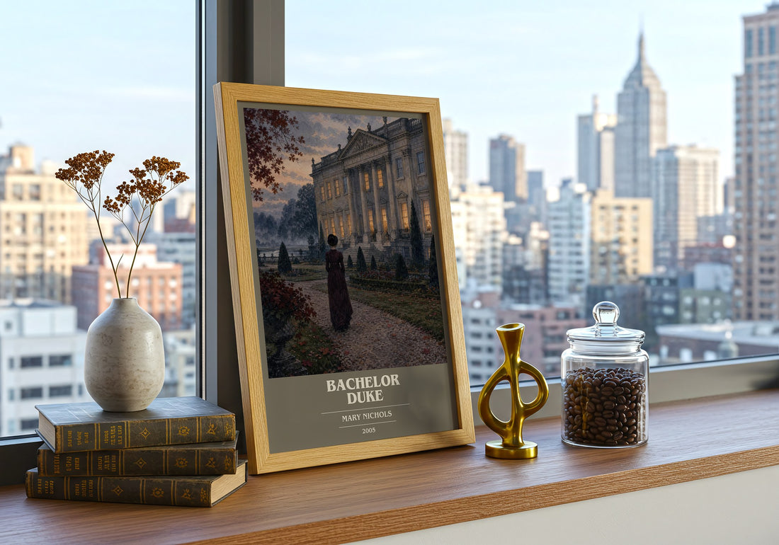 Bachelor Duke book cover print framed by window – literary home decor
