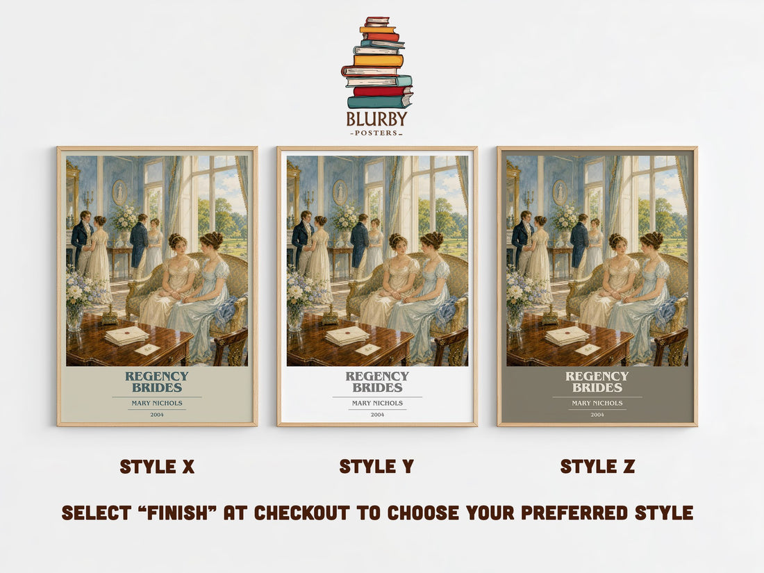 Regency Brides book cover print in frame leaning in hallway – romance wall art (mockup)