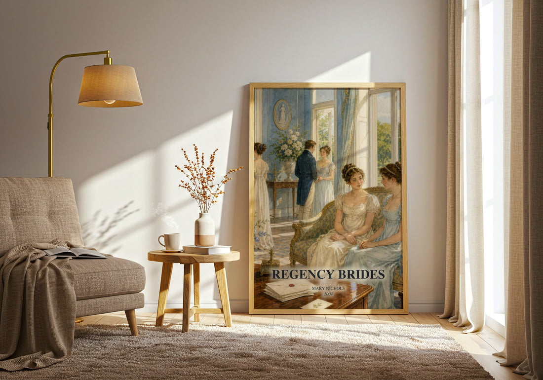 Regency Brides watercolour print in frame leaning in hallway – romance wall art