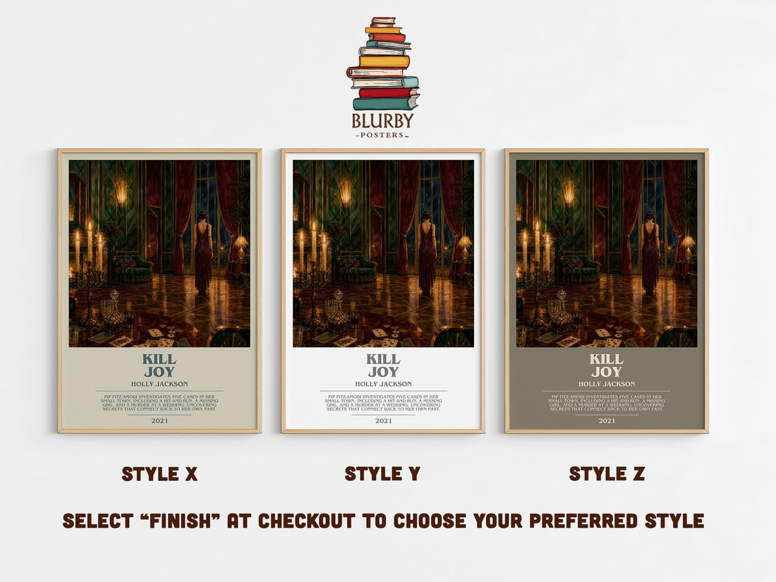 Kill Joy bookish print in frame leaning in hallway – thriller wall art (mockup)