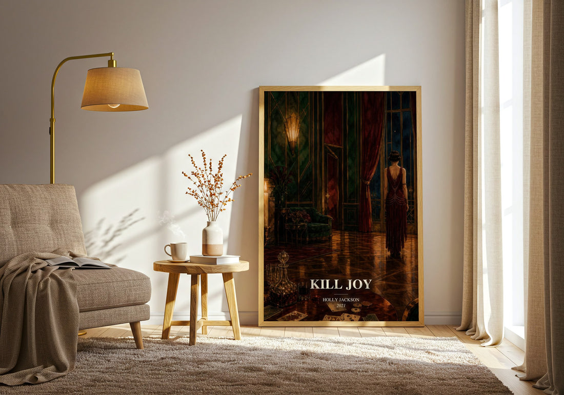 Kill Joy watercolour print in frame leaning in hallway – thriller wall art
