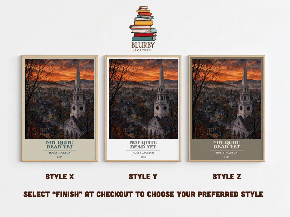 Not Quite Dead Yet book cover print in frame leaning in hallway – thriller wall art (mockup)