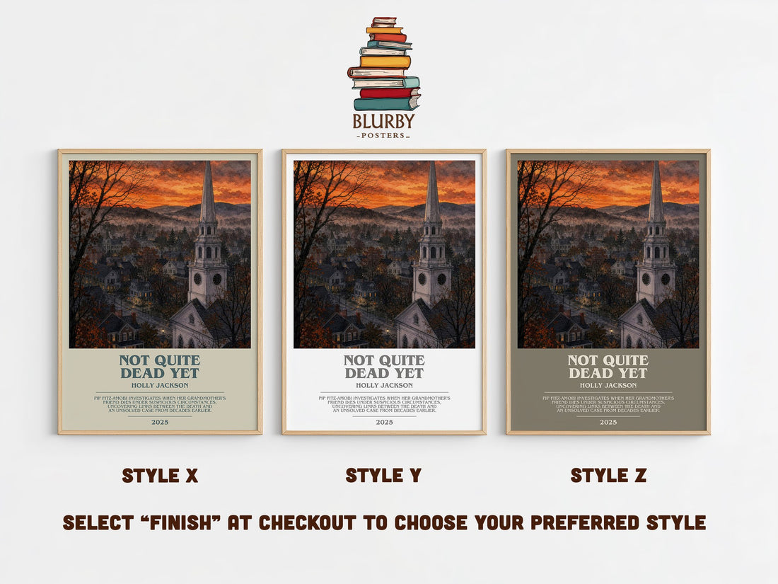 Not Quite Dead Yet bookish print in frame leaning in hallway – thriller wall art (mockup)