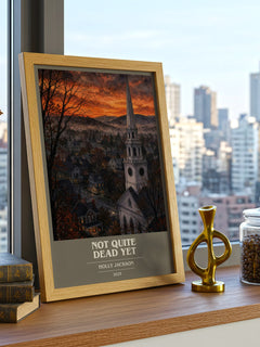 Not Quite Dead Yet book cover print framed by window – literary home decor