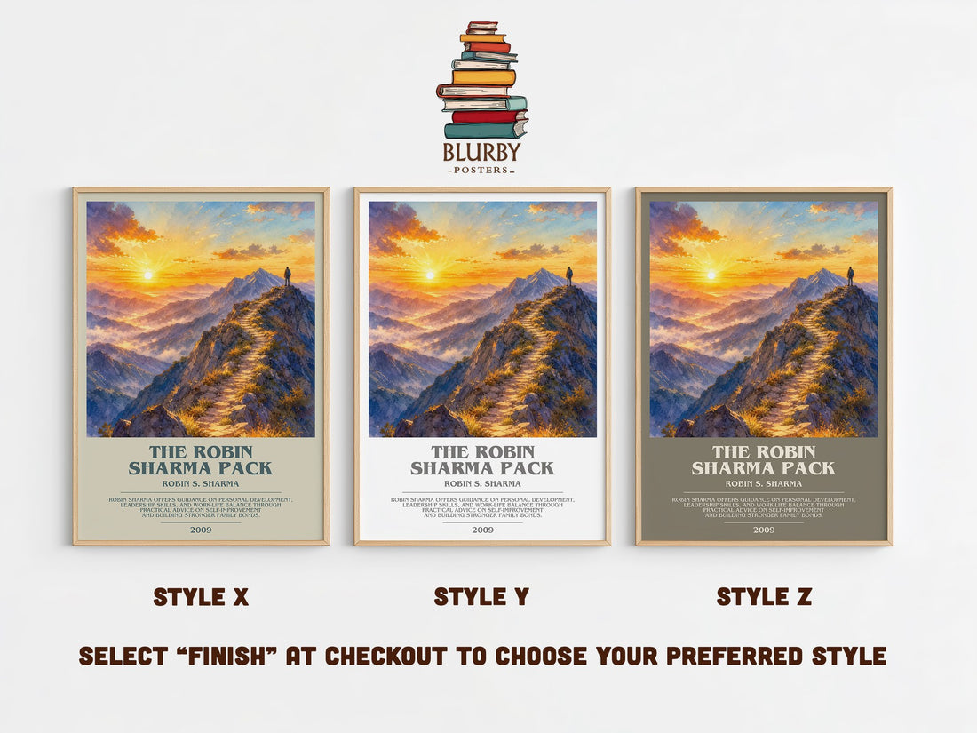 The Robin Sharma pack bookish print in frame leaning in hallway – non fiction wall art (mockup)