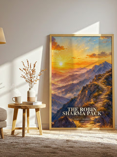 The Robin Sharma pack watercolour print in frame leaning in hallway – non fiction wall art