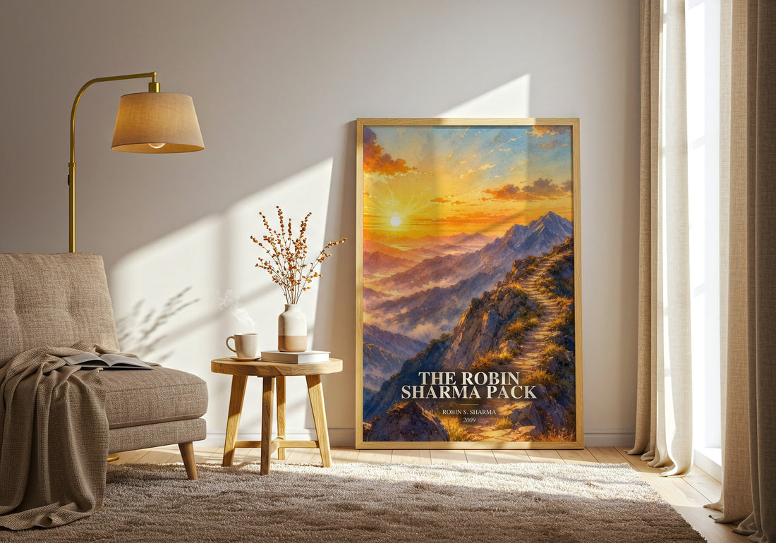 The Robin Sharma pack watercolour print in frame leaning in hallway – non fiction wall art