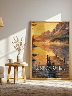 The Wealth Money Can't Buy watercolour print in frame leaning in hallway – non fiction wall art