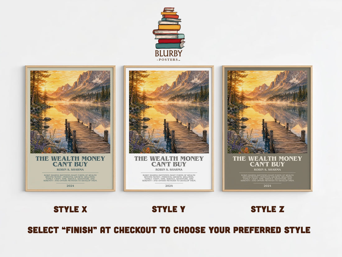 The Wealth Money Can't Buy bookish print in frame leaning in hallway – non fiction wall art (mockup)
