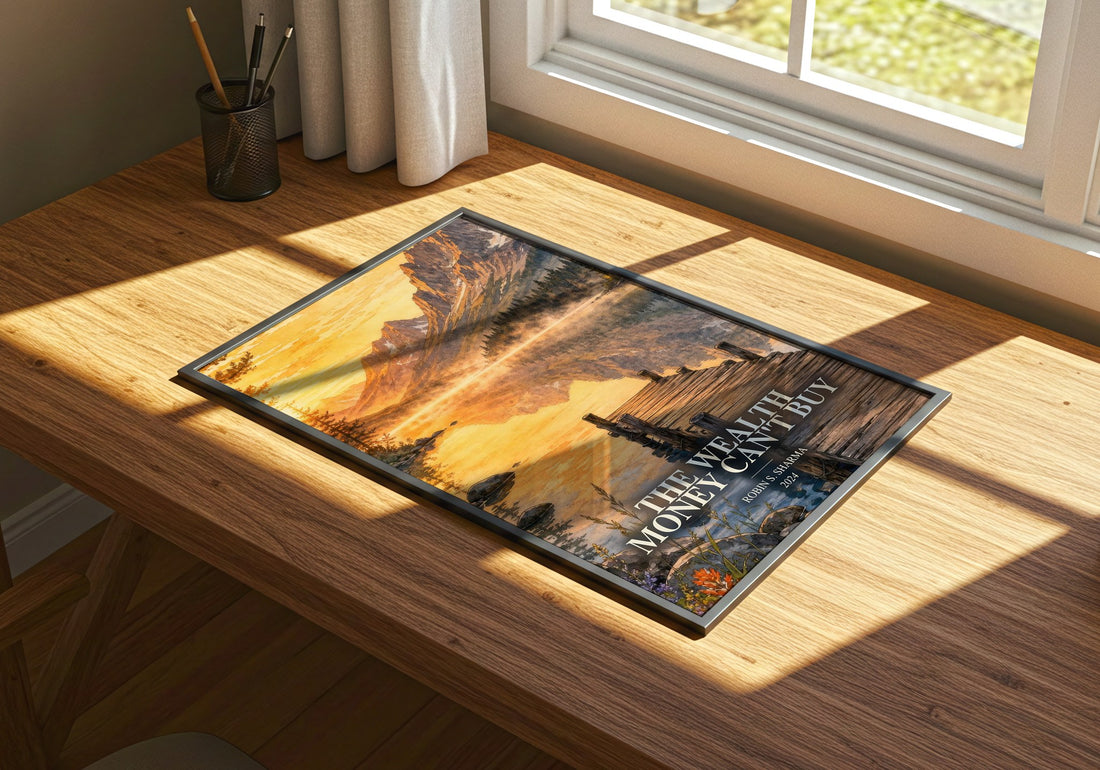 The Wealth Money Can't Buy watercolour book poster framed on wall – non fiction wall art