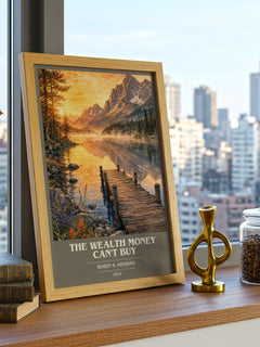 The Wealth Money Can't Buy book cover print framed by window – literary home decor