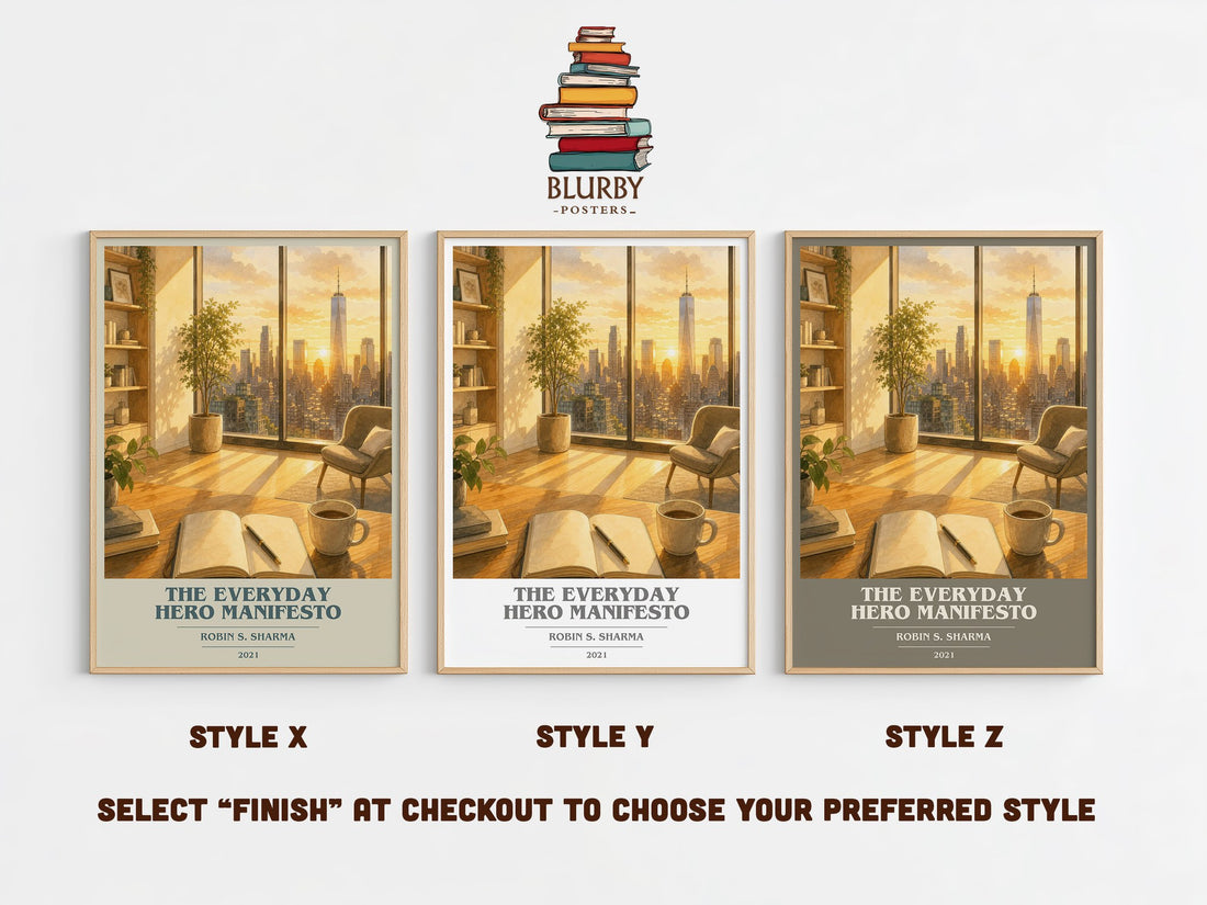 The Everyday Hero Manifesto book cover print in frame leaning in hallway – non fiction wall art (mockup)