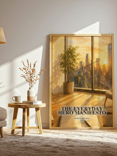 The Everyday Hero Manifesto watercolour print in frame leaning in hallway – non fiction wall art