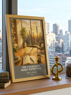 The Everyday Hero Manifesto book cover print framed by window – literary home decor