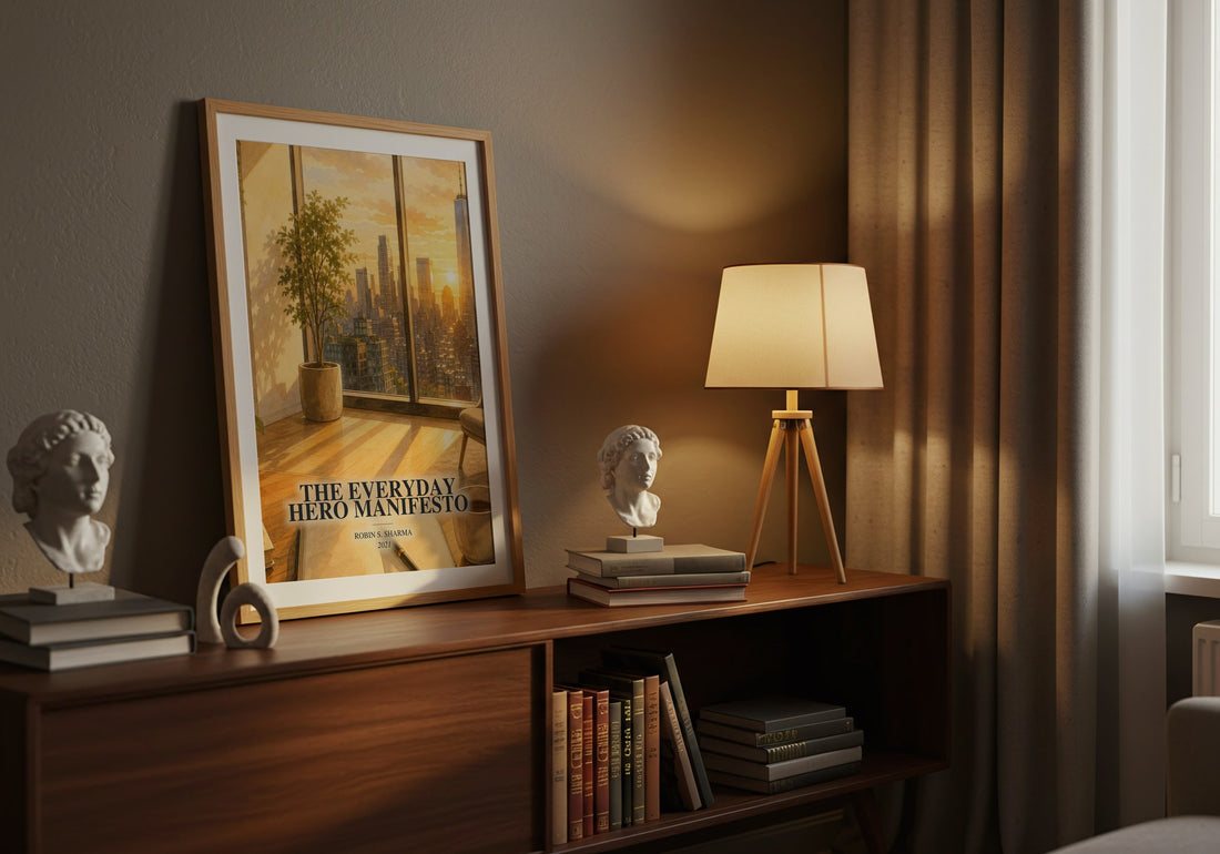 The Everyday Hero Manifesto watercolour print on bookshelf – Robin S. Sharma fan gift
