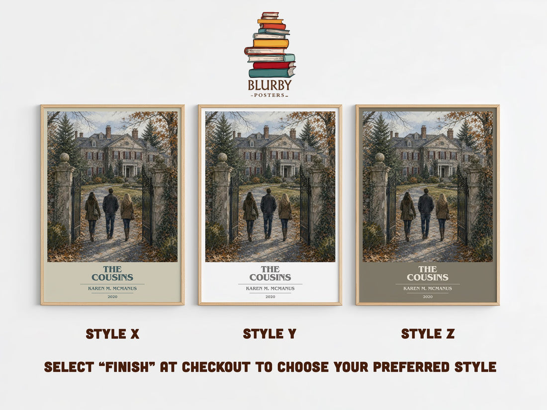The Cousins book cover print in frame leaning in hallway – young adult wall art (mockup)