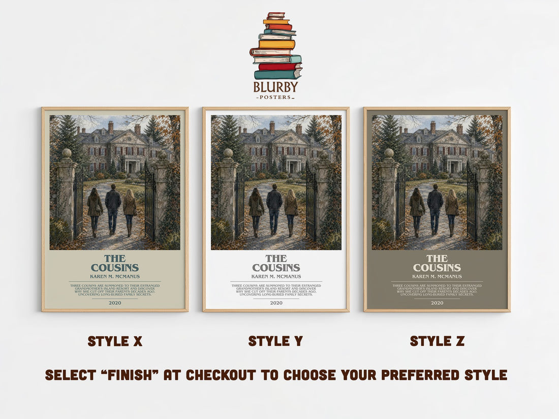 The Cousins bookish print in frame leaning in hallway – young adult wall art (mockup)