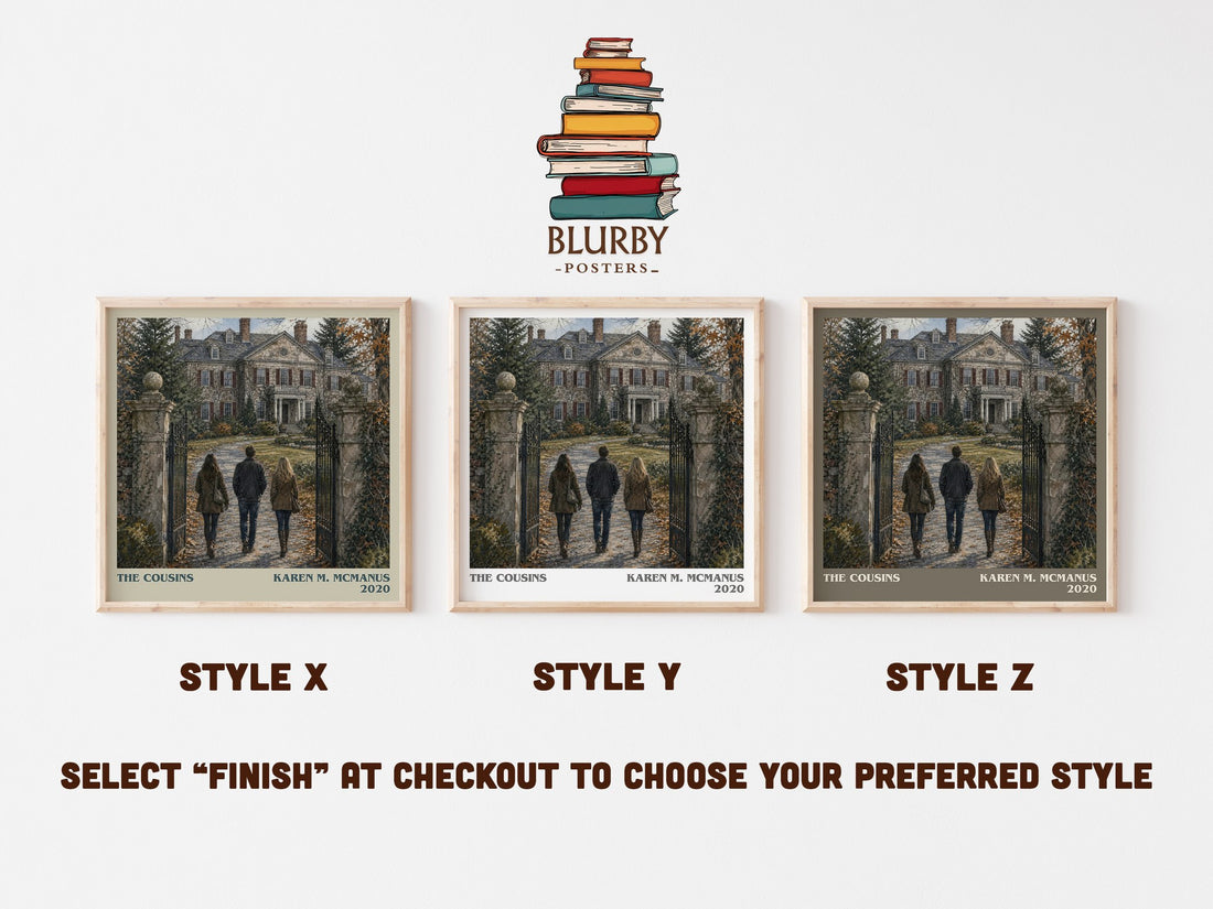 The Cousins literary print in frame leaning in hallway – young adult wall art (mockup)