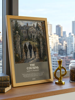 The Cousins bookish print framed by window – literary home decor