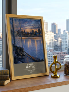 Fake Skating Book Cover Poster by Lynn Painter – framed print on a city-view windowsill