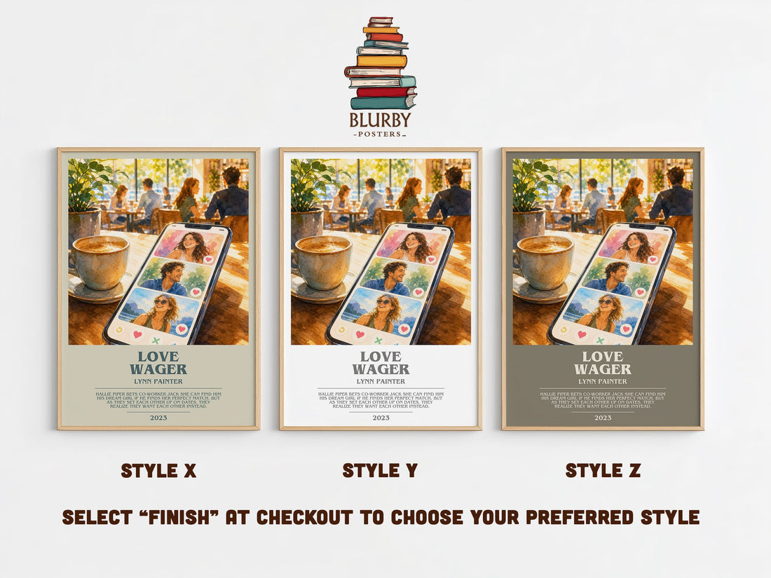 Love Wager bookish print in frame leaning in hallway – romance wall art (mockup)