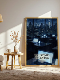 Trust Me, I'm Lying watercolour print in frame leaning in hallway – non fiction wall art