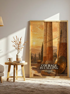 Courage Is Calling watercolour print in frame leaning in hallway – philosophy wall art