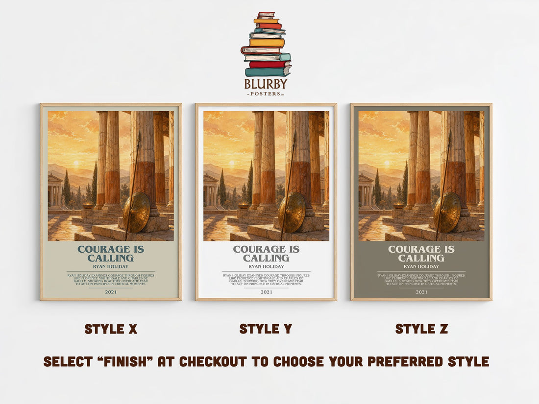 Courage Is Calling bookish print in frame leaning in hallway – philosophy wall art (mockup)