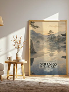 Stillness Is the Key watercolour print in frame leaning in hallway – philosophy wall art