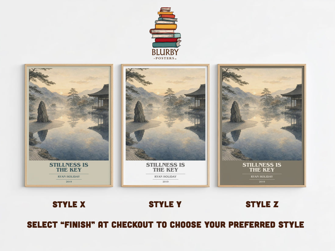 Stillness Is the Key book cover print in frame leaning in hallway – philosophy wall art (mockup)