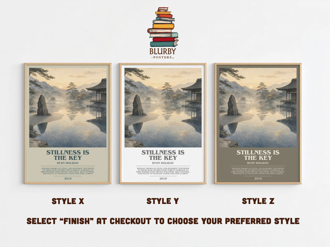 Stillness Is the Key bookish print in frame leaning in hallway – philosophy wall art (mockup)