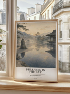 Stillness Is the Key Book Cover Poster by Ryan Holiday – framed print by a bright window