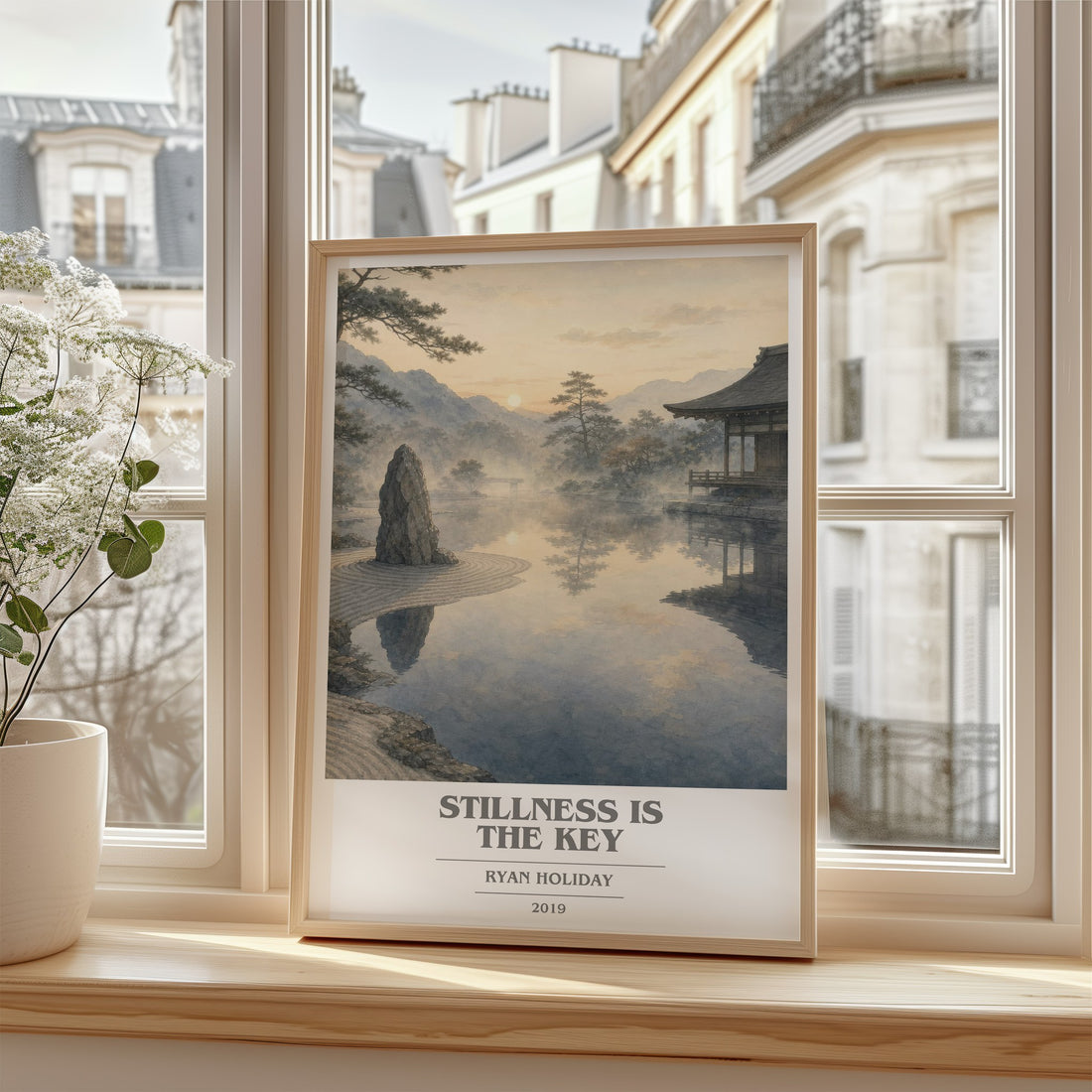 Stillness Is the Key Book Cover Poster by Ryan Holiday – framed print by a bright window