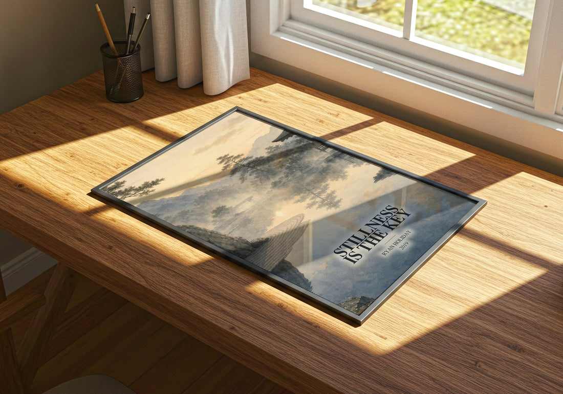 Stillness Is the Key watercolour book poster framed on wall – philosophy wall art