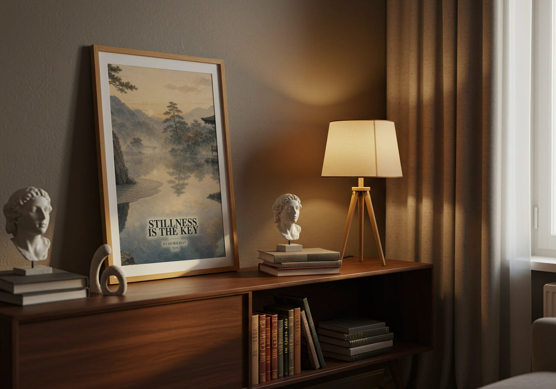 Stillness Is the Key watercolour print on bookshelf – Ryan Holiday fan gift