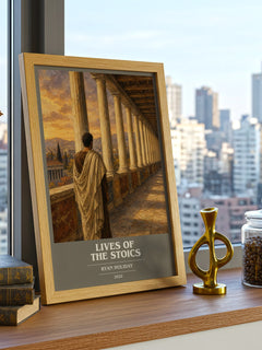 Lives of the Stoics book cover print framed by window – literary home decor