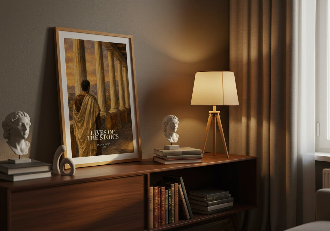 Lives of the Stoics watercolour print on bookshelf – Ryan Holiday fan gift