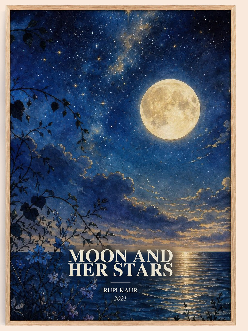 Moon and Her Stars watercolour book poster by Rupi Kaur – framed literary art print