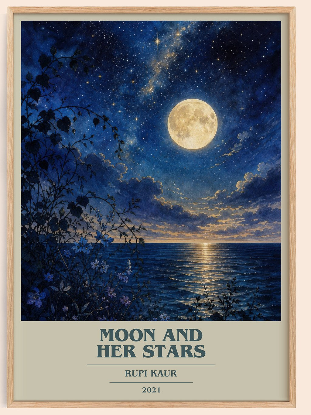 Moon and Her Stars book cover book poster by Rupi Kaur – framed literary art print