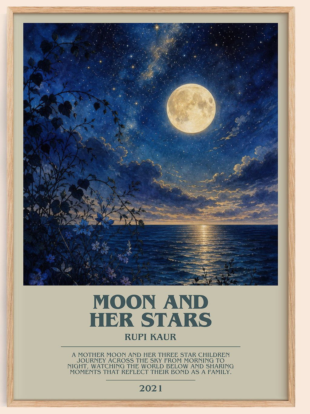 Moon and Her Stars bookish book poster by Rupi Kaur – framed literary art print