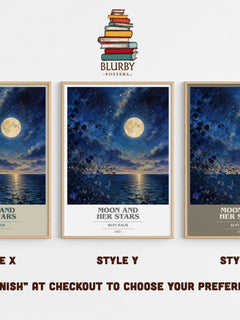 Moon and Her Stars book cover print in frame leaning in hallway – poetry wall art