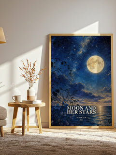 Moon and Her Stars watercolour print in frame leaning in hallway – poetry wall art